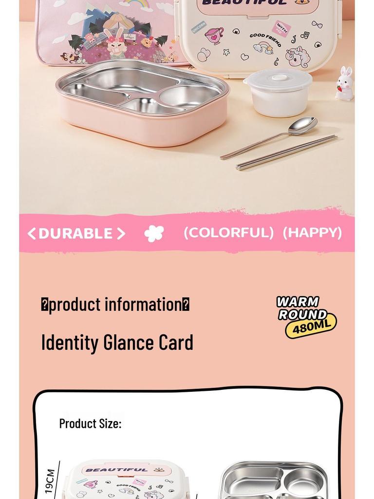 Boîte à lunch Bento pour enfants, à couvercle rabattable, en acier inoxydable 316, compatible micro-ondes, avec compartiments pour les aliments, à décorer soi-même et décorée de dessins animés.