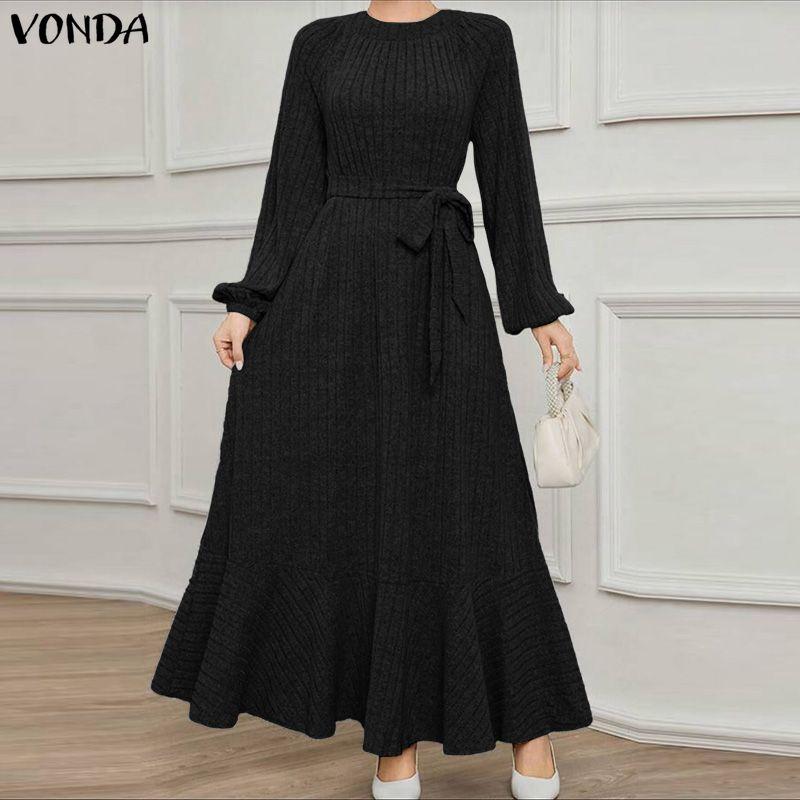 VONDA Abito Maxi Svasato Casual Base in Maglia a Coste con Scollo Tondo e Maniche Lunghe da Donna per l'Autunno