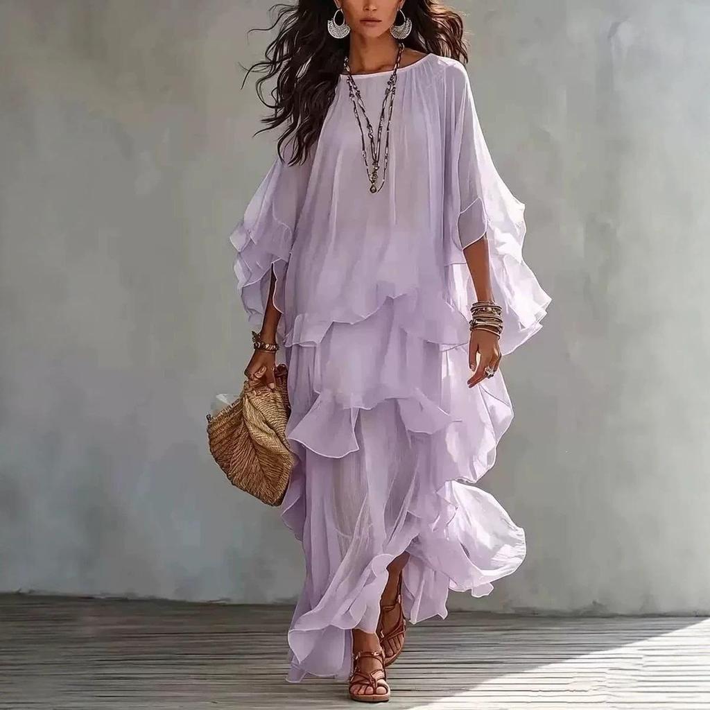 Elegant French-Style Ruffled A-Line Dress with Lantern Sleeves & Beaded Accents