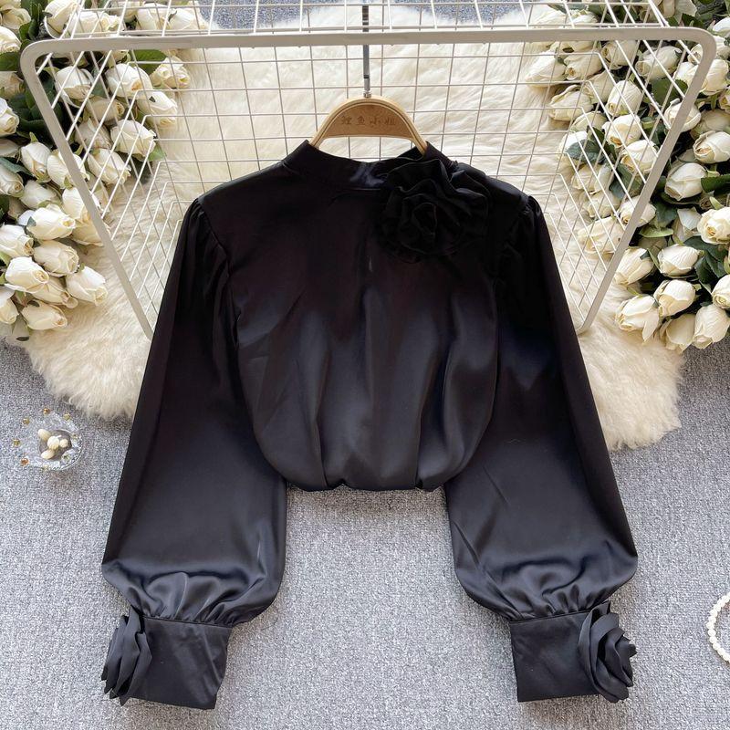 

Французская изысканная блузка с длинными рукавами изящного сатина на весну Black All yards