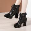 Tacchi Alti da Donna Vera Pelle Tacco Grosso Stivaletti Corti Autunno Inverno Floccato Platform Stivaletti alla Caviglia Stringati Metà Polpaccio Cerniera Stivale