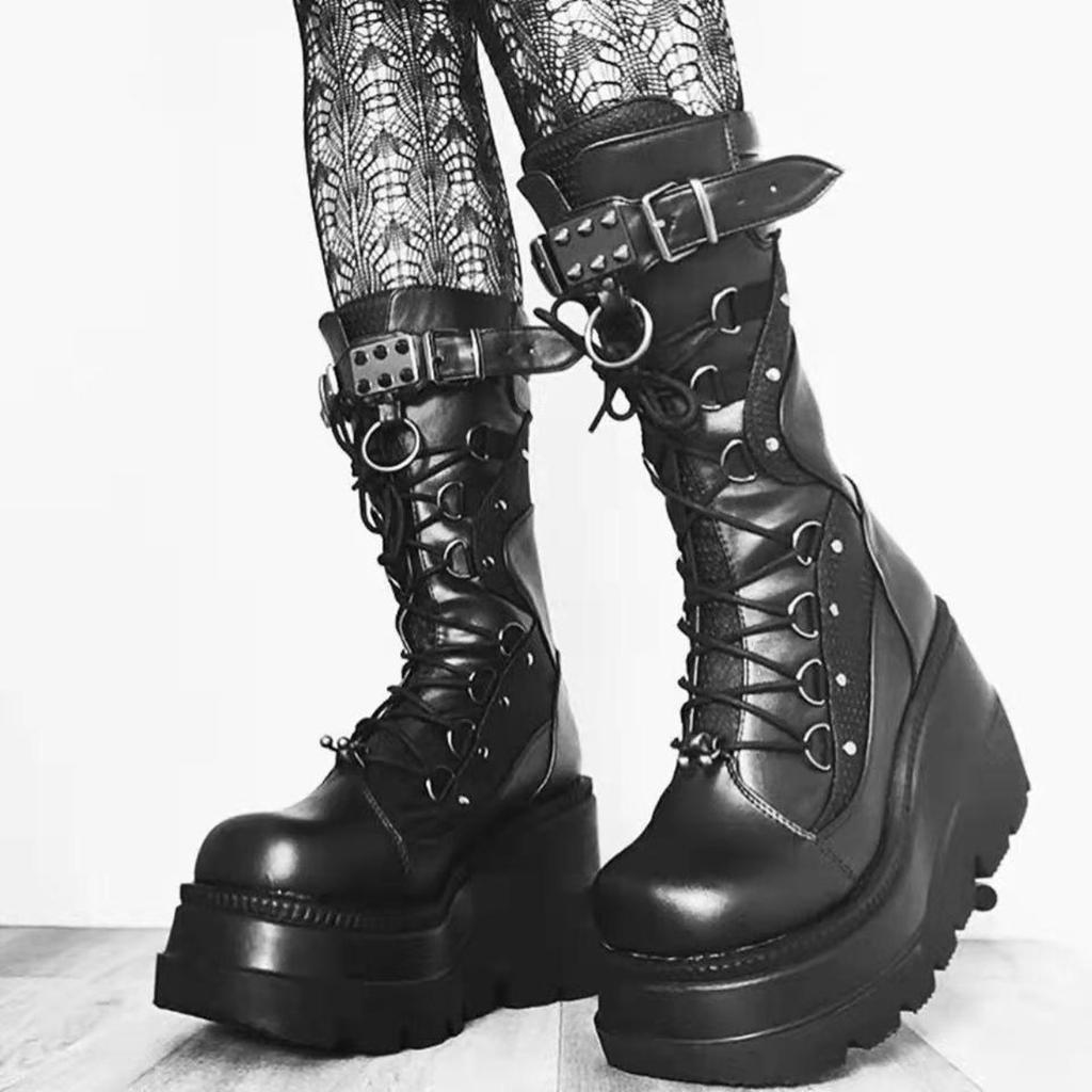 Wedge heel knight boots women's large size punk style handsome thick-soled medium tube women's boots