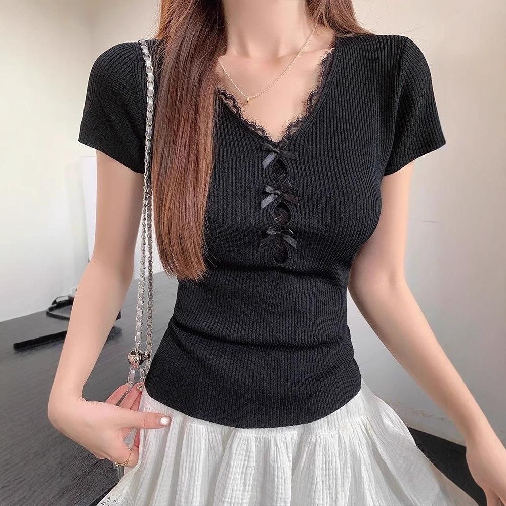 

Шикарный женский облегающий вязаный свитер с кружевной вставкой и короткими рукавами One Size (up to 125 lbs) чёрный