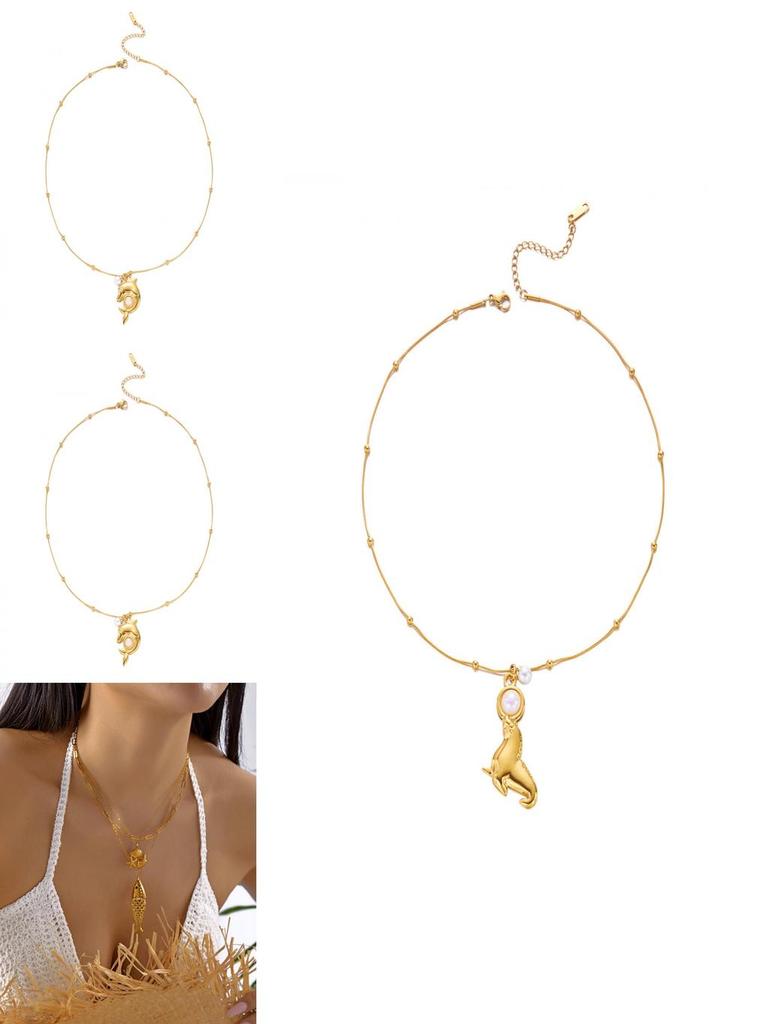 Oceanic Style Stainless Steel Necklace With Pearl And Sun Motif For Vacation Look