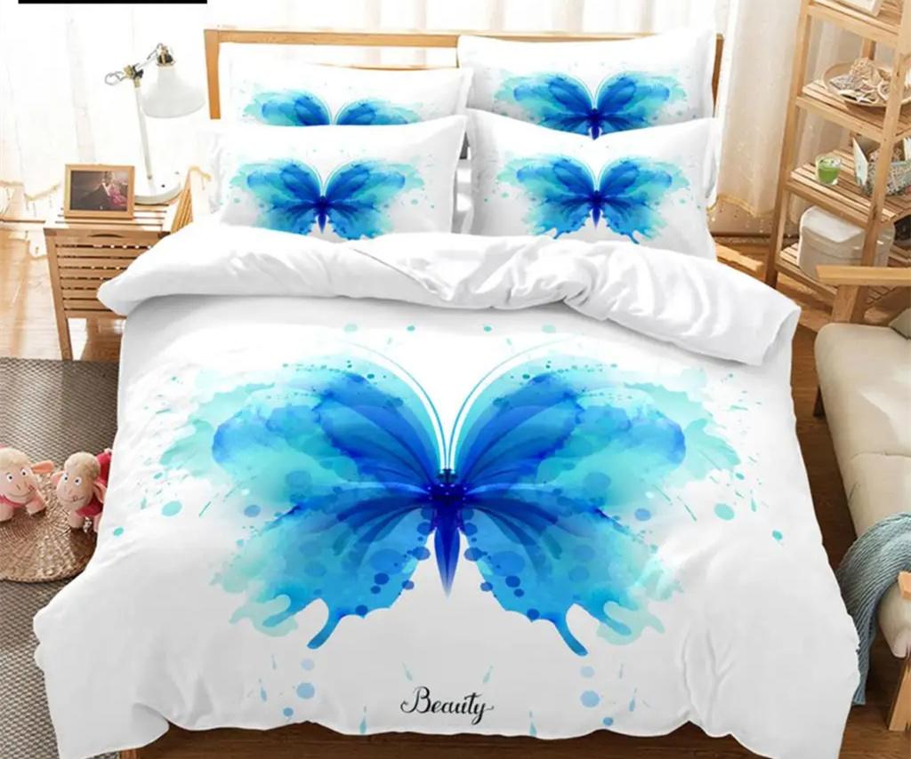 Blue Butterfly Duvet Cover Set King Queen Twin Size Double Bed Single 3D Queen Bedding Sets Pink Quilt Cover with 2 Pillowcases