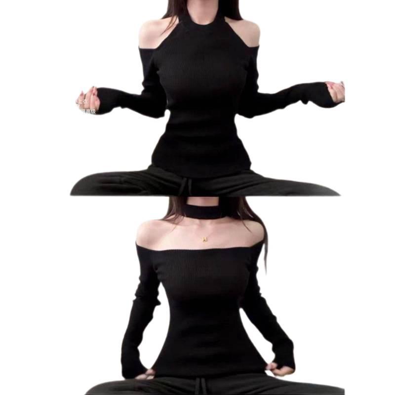 Women's Red Halter Off-the-Shoulder Long Sleeve Slim Fit Top for Christmas and New Year