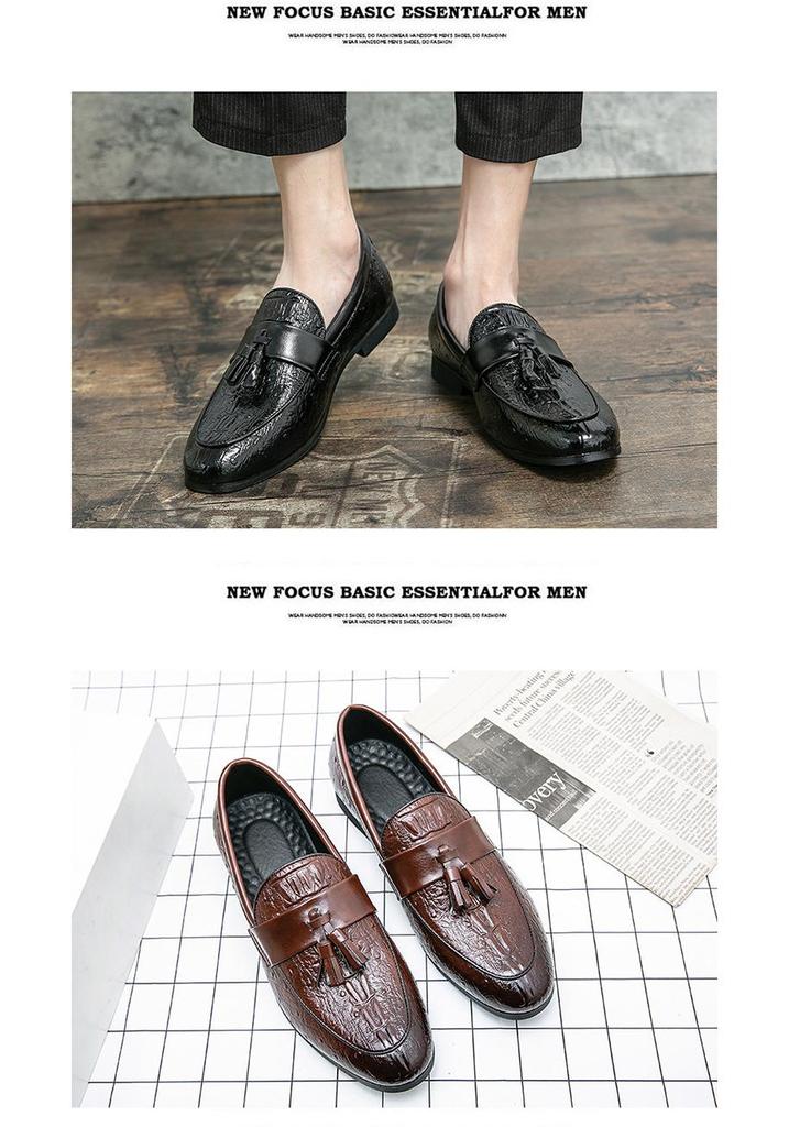 Men's Casual Leather Tassel Loafers, Size 48 - British Style Crocodile Pattern Slip-ons for Autumn
