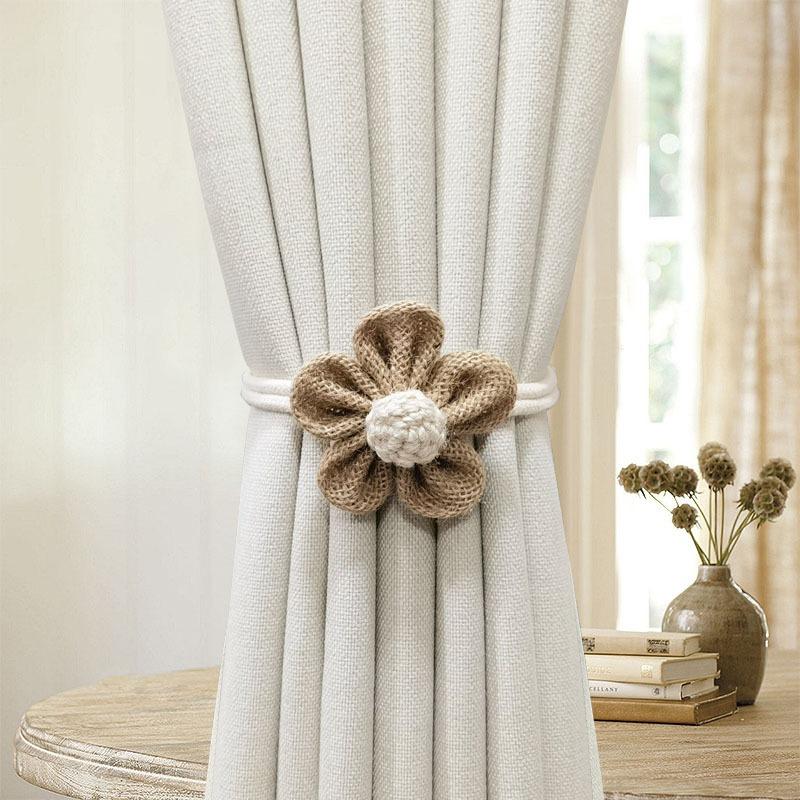 2PCS.Luxury Flower Linen Curtain Tiebacks (Pair), Adjustable Cottagecore Straps, Cute Decor for Sheer/Thick Curtains
