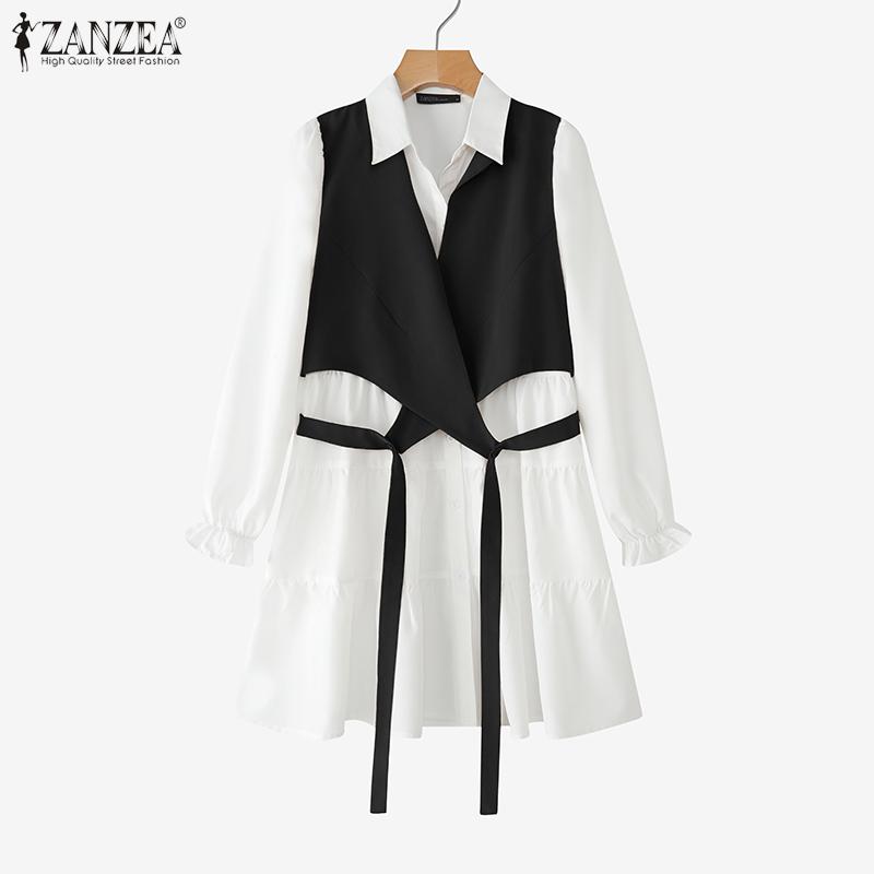 ZANZEA Women Casual Turn Down Collar Loose Long Sleeve Patchwork Shirt Dress