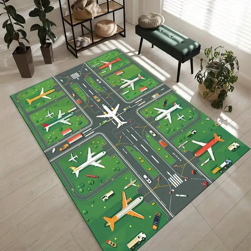 Kids Play Mats Cartoon Airport Landing Strips Top View Aircraft and Airplane Arrival Carpet Kids' Bedroom Playroom Nursery Decor