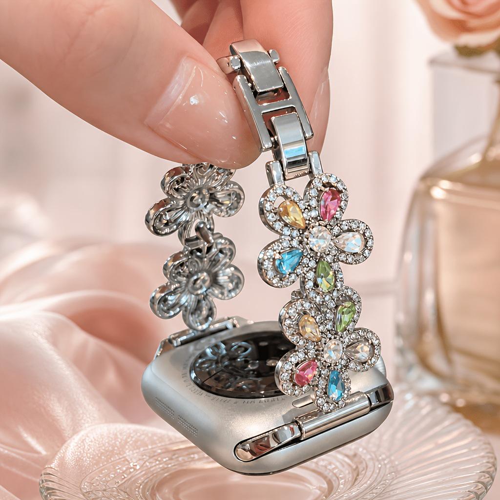 Flower Rhinestone Watch Strap for Apple Watch S1-11, Ultra 3-1, Samsung, Huawei 20/22mm
