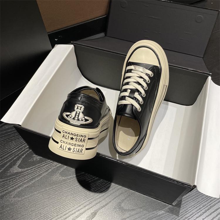 Women's 2023 Spring Genuine Leather White Platform Sneakers - All-Match Round Toe, Thick-Soled Sports Casual Shoes