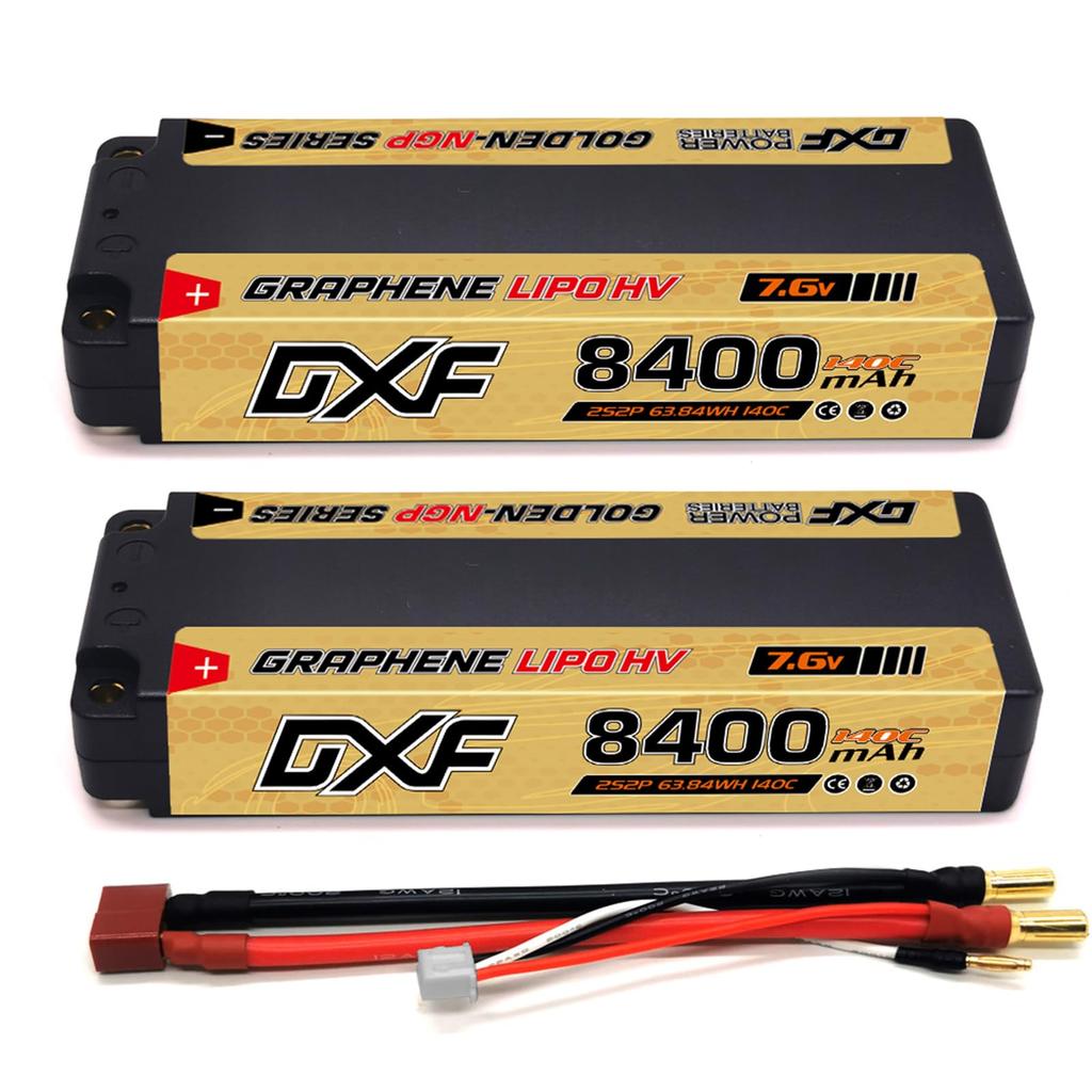 Unleash the power of DXF DXF 2-Piece 2S 7.6V 8400mAh 140C 5mm LCG Hard Cable LiPo Battery for RC Cars. Includes 5mm bullets. High-performance lithium