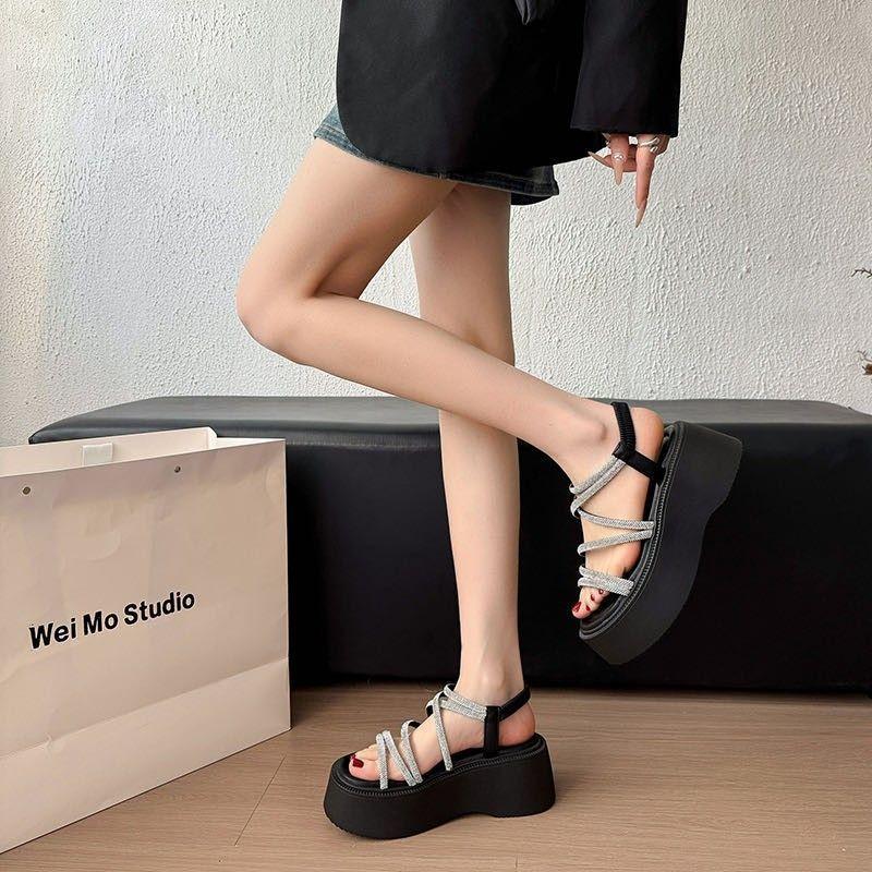 With skirt versatile high-heeled platform sandals women's outer wear 2025 summer new beautiful rhinestone open-toed beach sandals