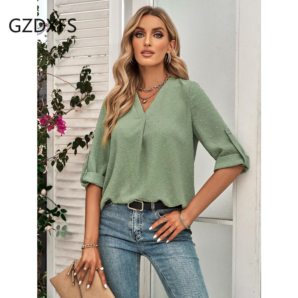 DX-Spring/Summer New Women's Fashion Solid Loose V-neck 3/4 Sleeve Top