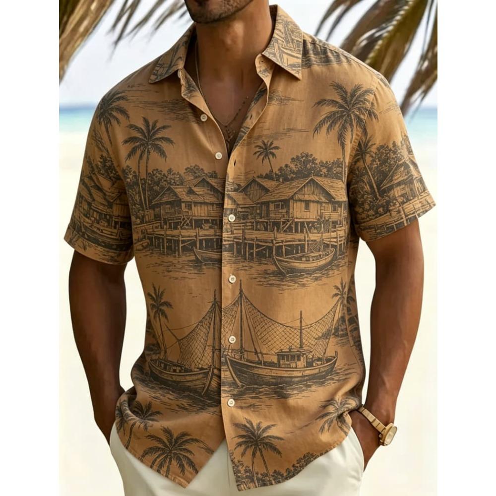 Heren Retro Hawaïaanse Scène Vakantie Korte Mouwen Shirt, Voor Zomerkleding, Casual Activiteiten
