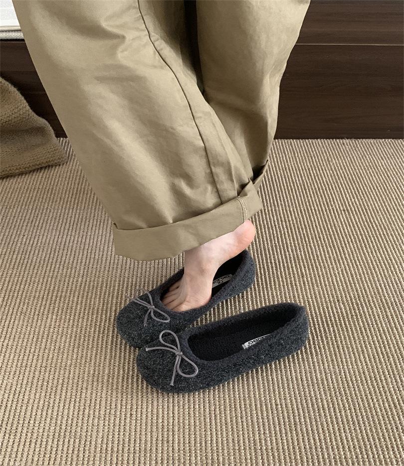 Sweet Bow Fluffy Shoes for Women's Outer Wear 2025 Autumn and Winter New Flat Bottom, Light, Comfortable and Warm Mary Jane Cotton Shoes