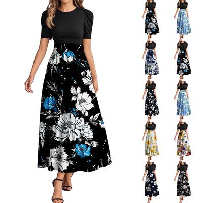 Women's Fashion Casual Belt Short Sleeve Round Neck Floral Stitching Elegant Temperament Dress