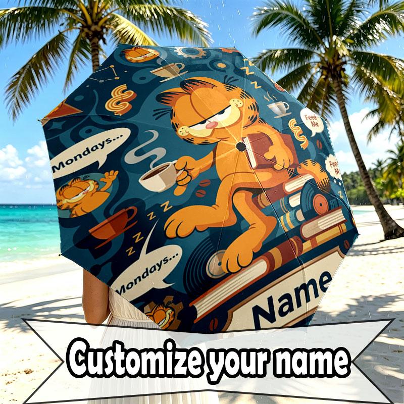 Personalisierter Garfield-Druckschirm mit individuellem Namen, Automatisches Öffnen und Schließen, Stabiler 8-Rippen-Rahmen, Für Pendeln, Camping, Wandern, Geburtstagsgeschenk