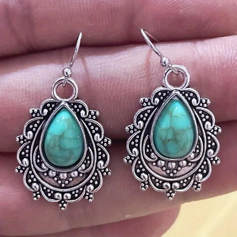 Silberne Tropfen Türkis Boho Hängeohrringe, Vintage Verzierter Filigran Hakenohrringe für Damen
