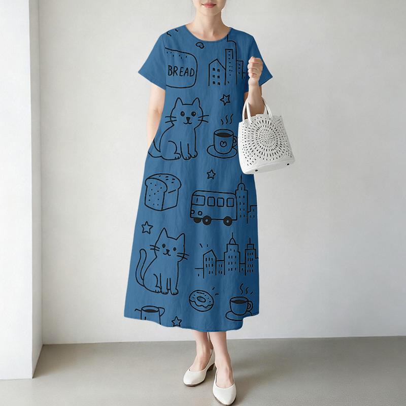 

ZANZEA Женское повседневное платье с круглым вырезом и коротким рукавом с принтом 3XL синий