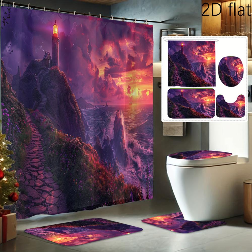 

2Dflat 4pcs Lighthouse Dusk View Printed Shower Curtain Set, Decorative Bathroom Set Includes Shower Curtain, Non-Slip 90x180cm