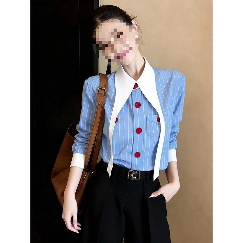 Spring Blue Striped Shirt For Women With 3d Effect And Offshoulder Design