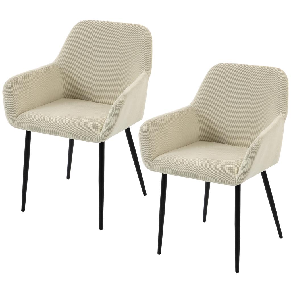 Dining Chairs, Set of 2, Corduroy Upholstered, Armrests, Backrest, Cream