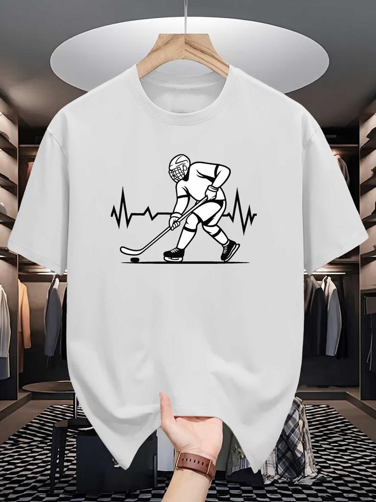 Unisex Beige Tee Ice Hockey Player Heartbeat Line Art Graphic Print Crew Neck Short Sleeve Summer Casual Male Cotton Street Top