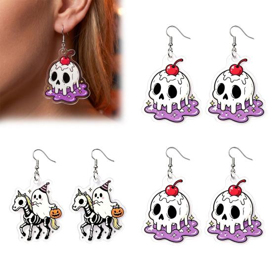 Holiday Party Accessories 1 Pair Acrylic Halloween Earrings for Women, 2D Flat Cute Cartoon Funny Skeleton Earring Ghost Skull Dangle Drop Earrings,