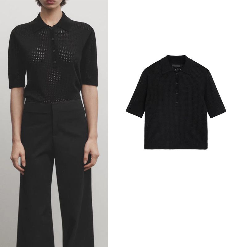 MD Spring New French Normcore Commute Style Hollow-out Short Polo Sweater with Short Sleeves Knitwear 5609620