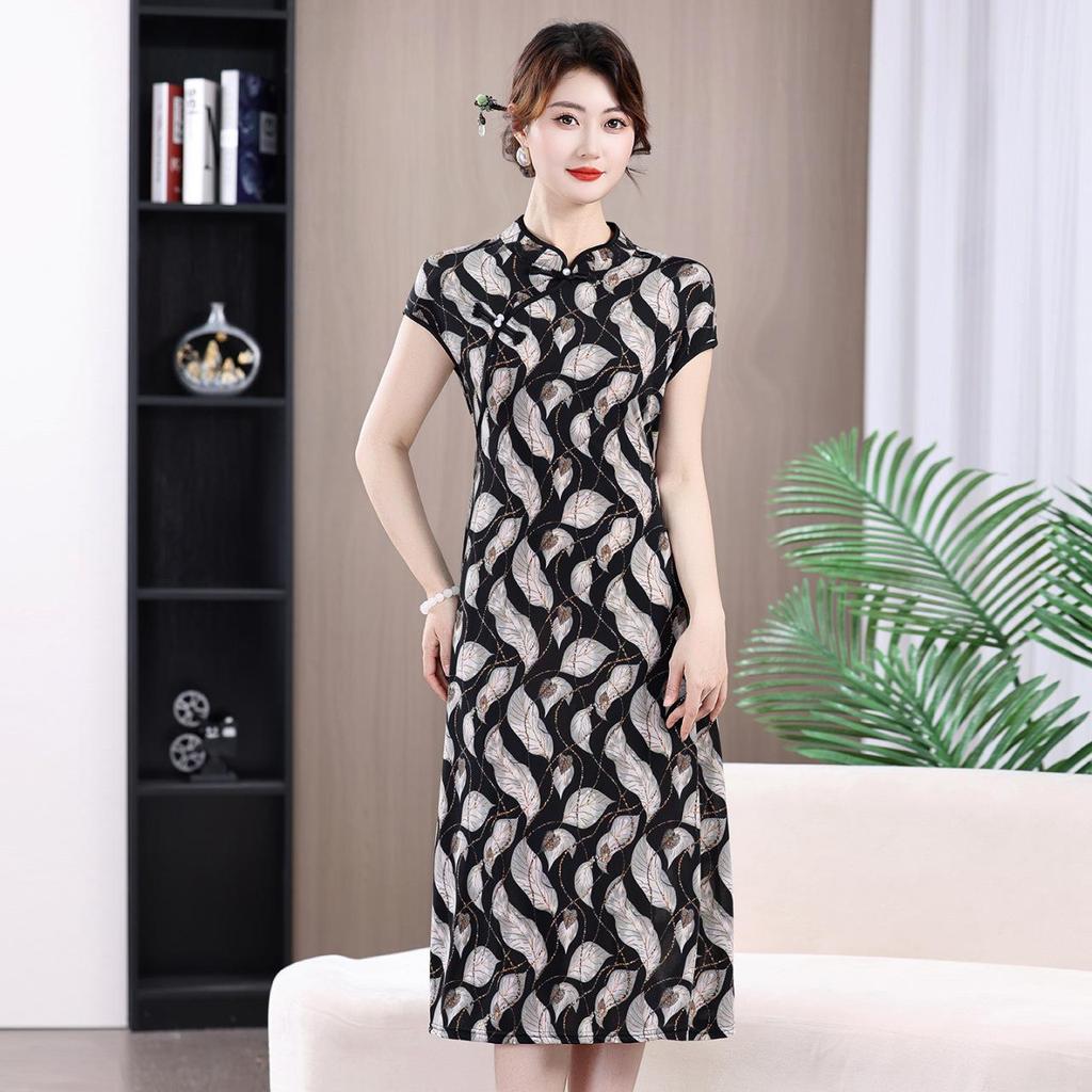Plus-Size Korean-Style Loose-Fit Short-Sleeve Printed Midi Dress for Middle-Aged Women