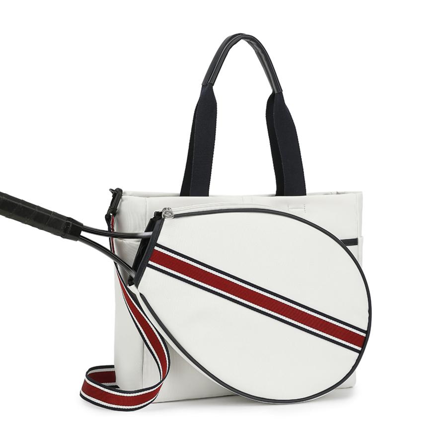 Striped Tennis Pickleball Tote Bag Detachable Strap with Front Racket Pocket