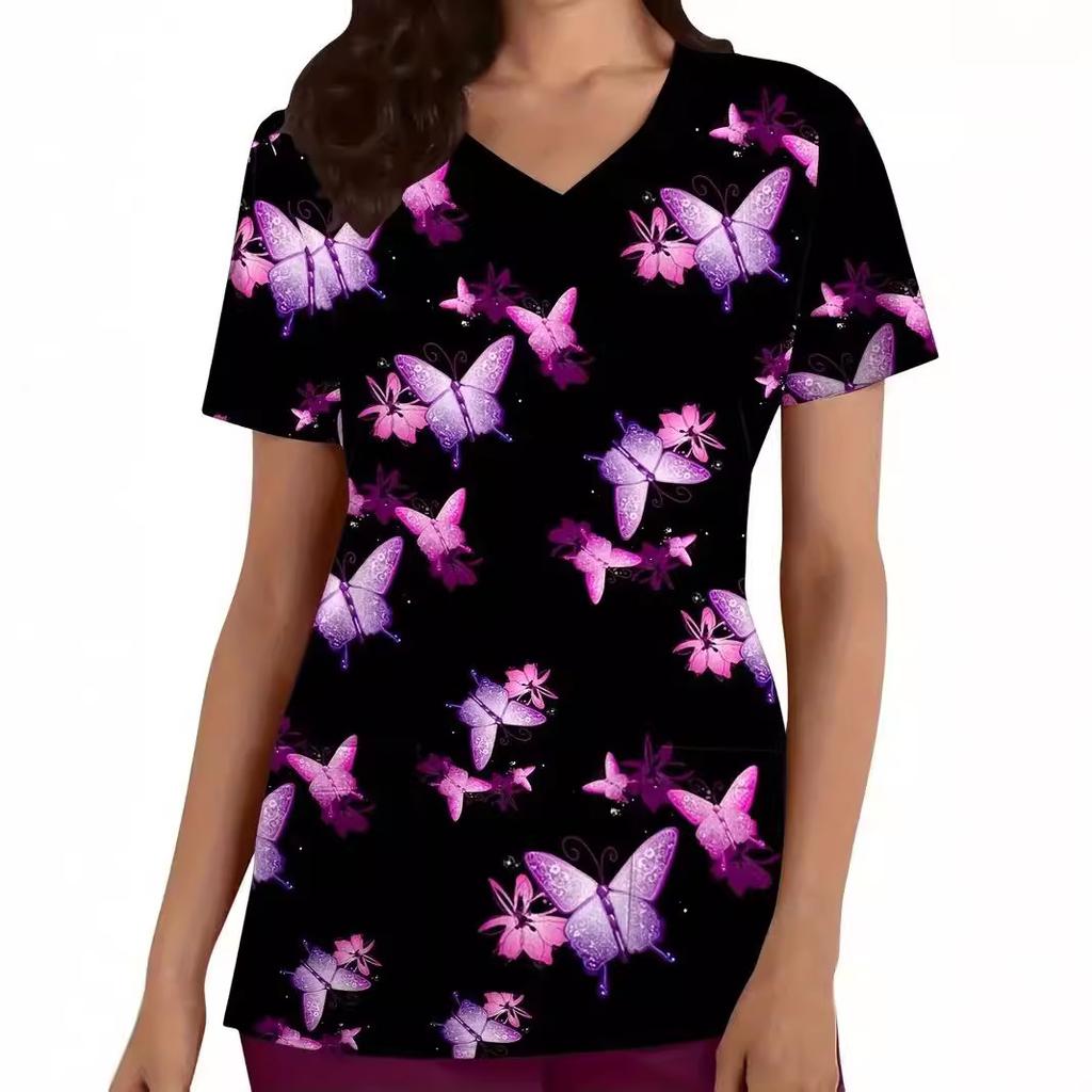 Romantic Pink Butterfly 3D Digital Print Women's Pocket V-neck Pullover Short Sleeved T-shirt Hospital Protective Apparel
