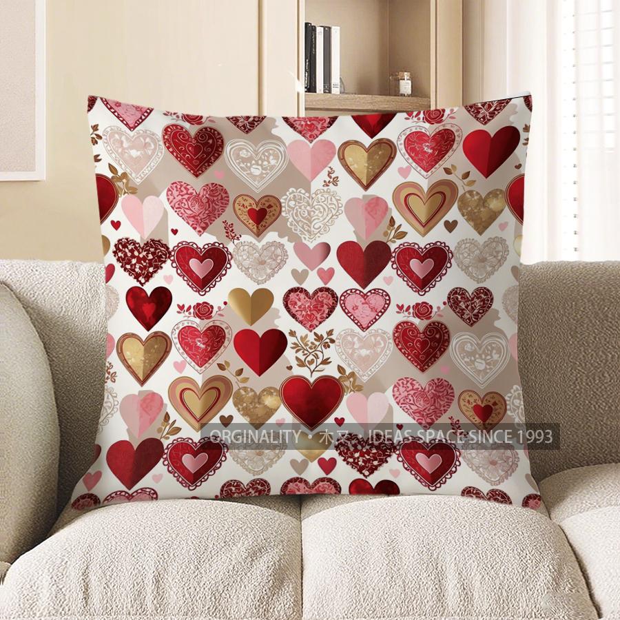 2D Heart & Rose Pattern Decorative Pillow Covers Pattern Cushion Cover Suitable For Sofa Bedroom Car Pillow Cover
