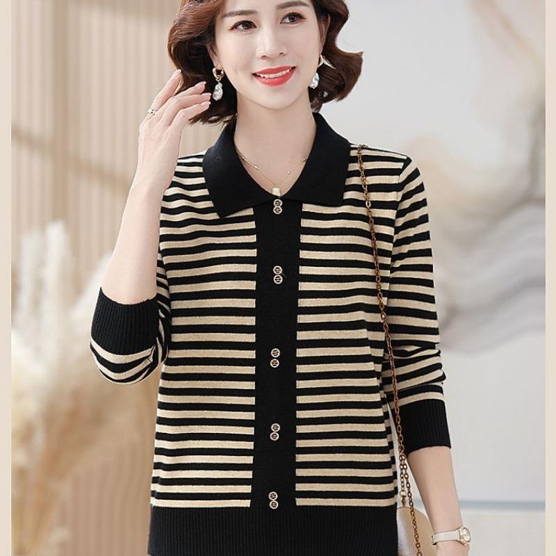 Autumn and Winter Loose Lapel Women's Western Style Striped Knitted Sweater Long-sleeved Bottoming Shirt Top