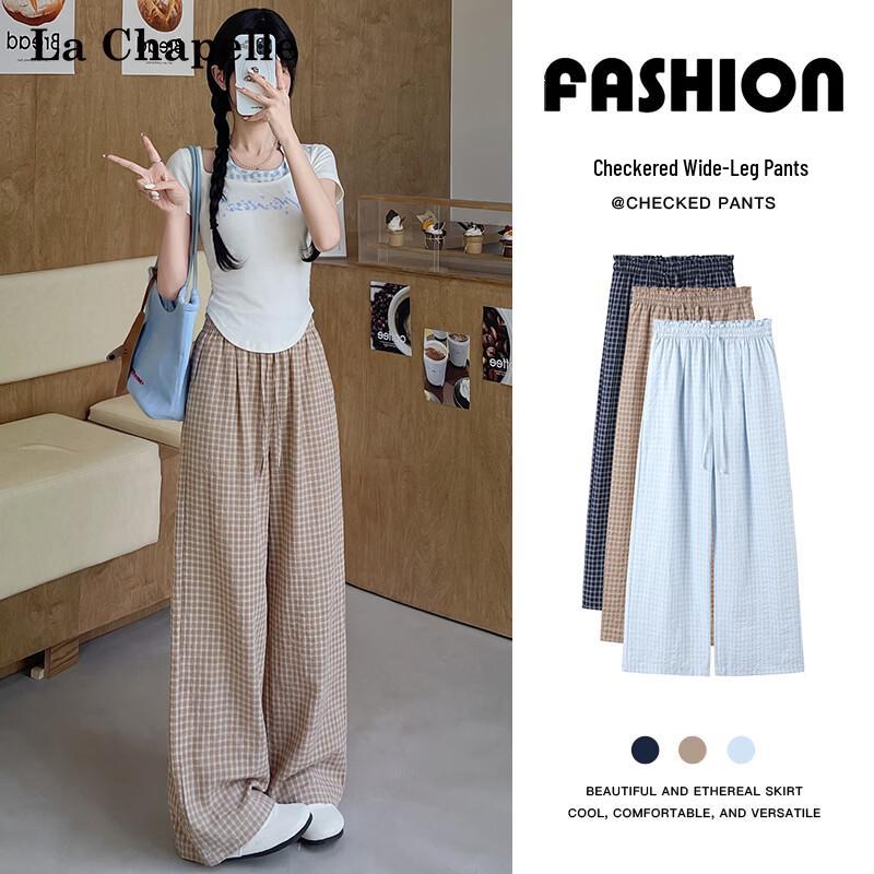 La Chapelle Women s Summer High-Waist Plaid Wide-Leg Casual Pants M