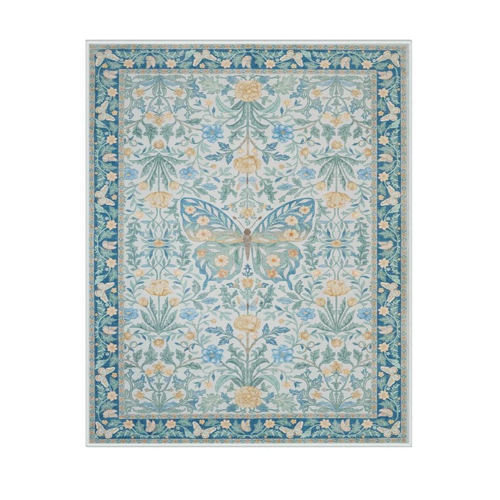 Vintage Floral Butterfly Sage Green Area Rug Bohemian Living Room Non-slip Rug Washable Large Area Rug Bedroom Decorative Rug