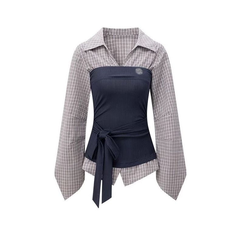 Patchwork Faux Two-Piece Shirt for Women, 2026 Early Spring New Style, Unique Design, Color-Blocking Shirt, Waist-Cinching Long-Sleeve Top Patchwork Gingham S