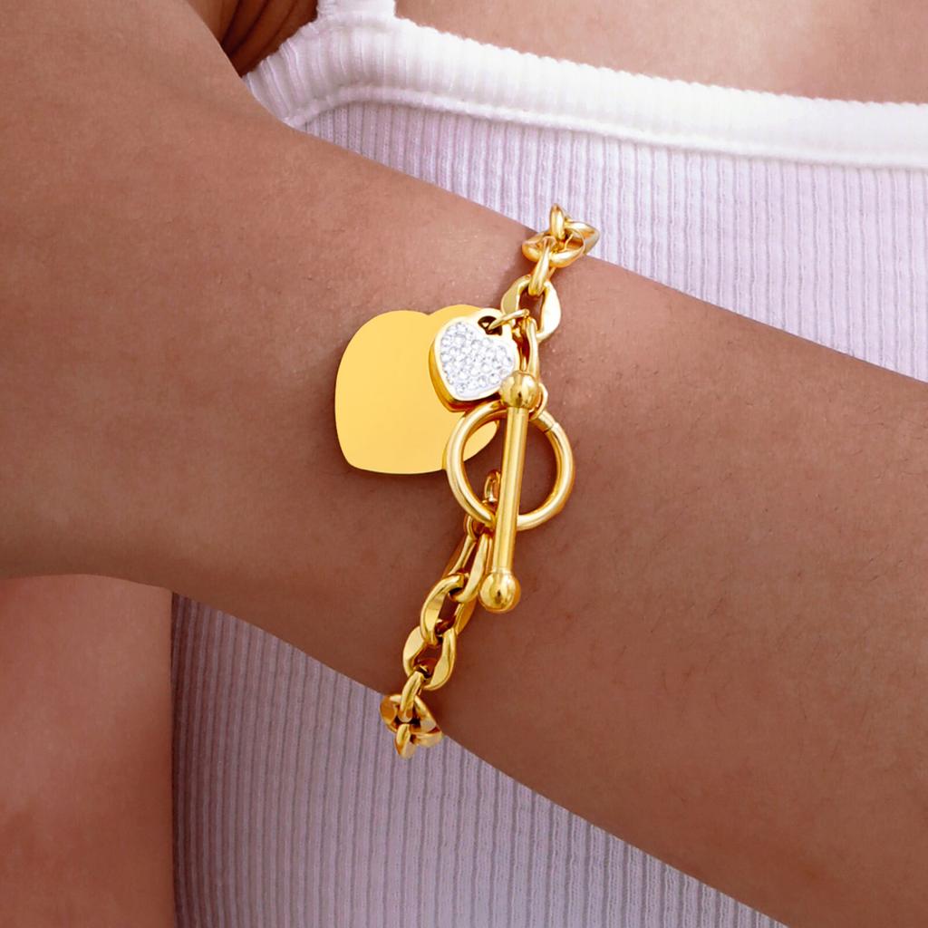 Double Love Heart Charm Bracelets Girls Silver Gold Color Stainless Steel Bracelet For Women Steel Hand Chains Wristband Jewelry