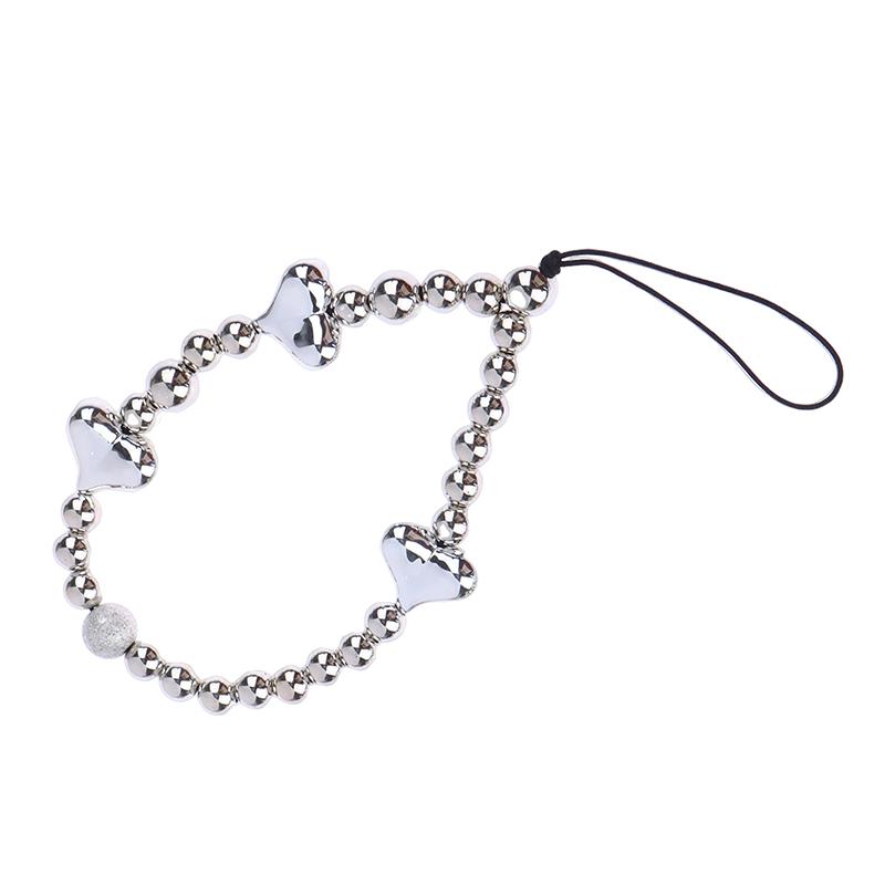 1Pc Silver Color Heart Phone Charms Plastic Love Beaded Rope For Phone Women Men Short Cell Phone Lanyard Keychains