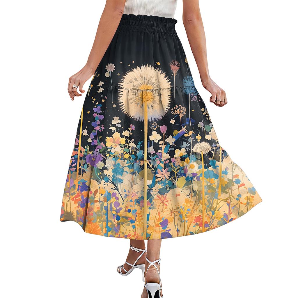 Dam Maxikjol Dragsko Hög Midja Sommar Långa Kjolar Lätta Flerskiktade Böljande Blommiga Plisserade Kjolar