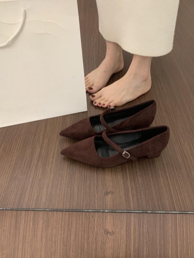 Korean version of versatile evening wind suede pointed single shoes women's 2025 new one-word with light mouth low heel thick heel commuter shoes