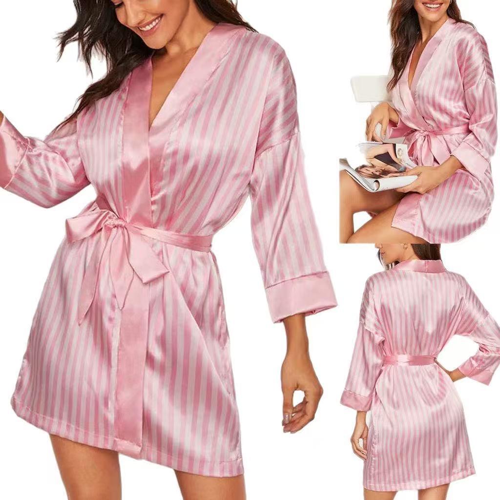 Pink Stripe European & American Sexy Lingerie Temptation Women's Bathrobe Nightgown
