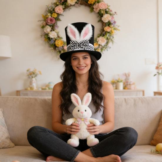 Osterhasenohren Zylinder für Damen Herren Erwachsene Fellige Hasenohren Hut mit karierter Schleife für Halloween Party Kostüm Ostern Cosplay Accessoire