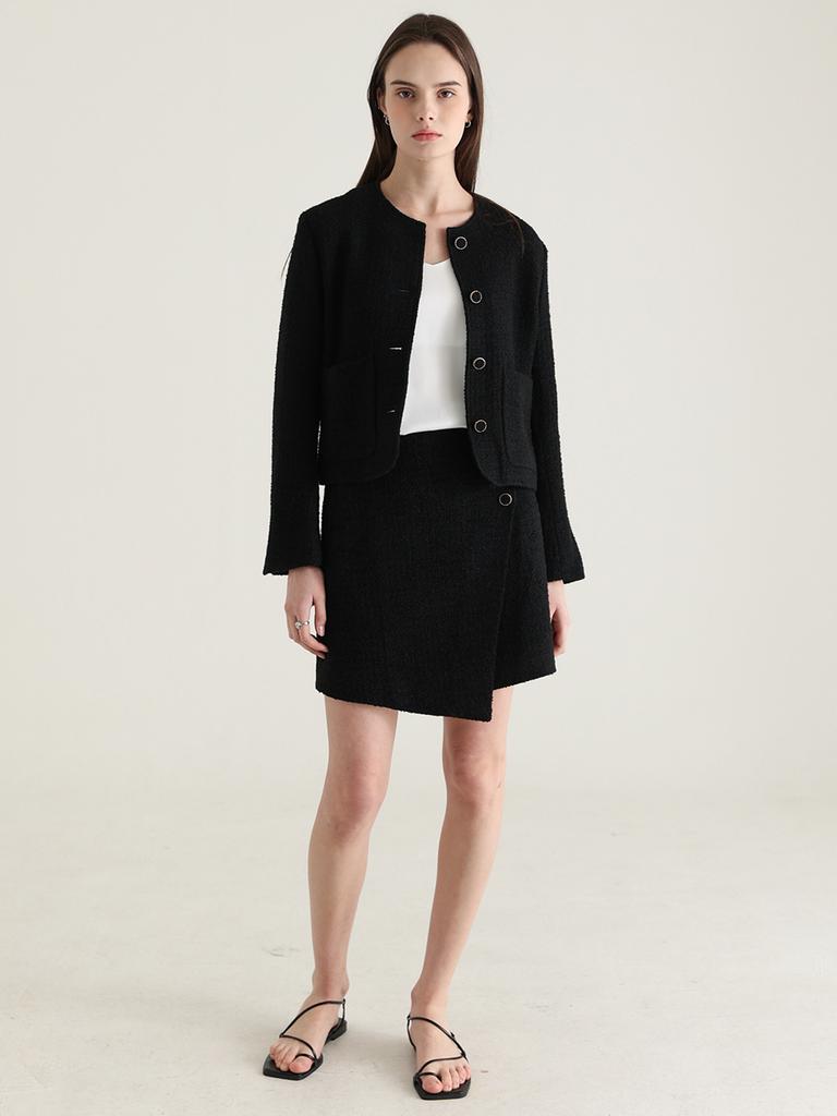 Stay With Me Boucle Tweed Wool Skirt (Black)
