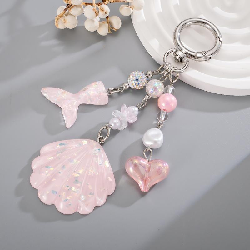 Cute Mermaid Tail Shell Keychain With Glitter Sequins Pearl Beads Purse Backpack Decoration Gift For Girls
