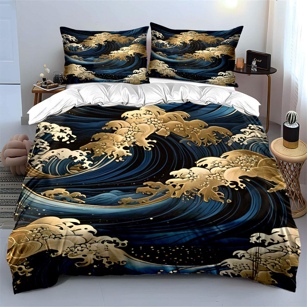 Golden Wave Pattern Decor Set Soft Comfortable Duvet Cover Bedding Set Included 1*Duvet Cover & 2*Pillowcases, Gift
