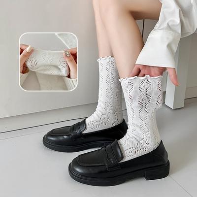 Calzini da Donna a Costine in Cotone Traspirante, Colore Unico, Pizzo, Nuovi per Primavera e Autunno