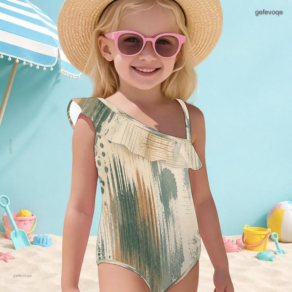 Girls One Shoulder Ruffle One Piece Grey Printed Swimsuit